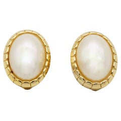 Christian Dior Vintage 1980s White Oval Pearl Textured Lace Gold Clip Earrings