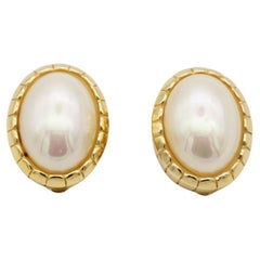 Christian Dior Vintage 1980s White Oval Pearl Textured Lace Gold Clip Earrings