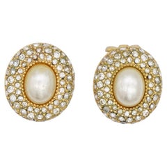 Christian Dior Vintage 1980s White Oval Pearl Trio Layer Crystals Clip Earrings