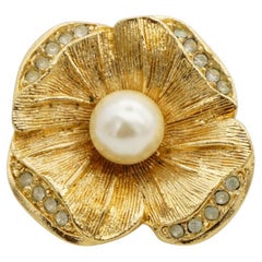 Christian Dior Vintage 1980s White Pearl Crystals Flower Clover Gold Pin Brooch