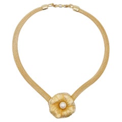 Christian Dior Vintage 1980s White Pearl Crystals Flower Mesh Omega Necklace