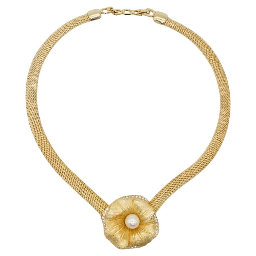 Christian Dior Vintage 1980s White Pearl Crystals Flower Mesh Omega Necklace For Sale