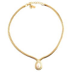 Christian Dior Vintage 1980s White Pearl Crystals Water Drop Pendant Necklace