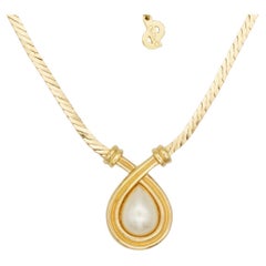 Christian Dior Vintage 1980s White Pearl Crystals Water Drop Pendant Necklace