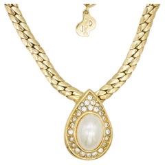 Christian Dior Vintage 1980s White Pearl Crystals Water Drop Pendant Necklace