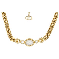 Christian Dior Vintage 1980s White Pearl Oval Double Crystals Pendant Necklace