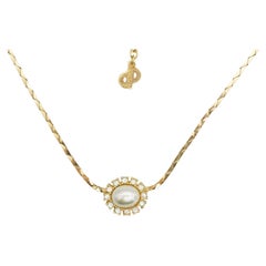 Christian Dior Vintage 1980s White Pearl Oval Shining Crystals Pendant Necklace