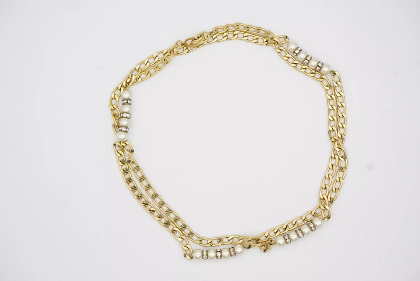 Christian Dior Vintage 1980s White Pearl Round Ball Crystals Gold Long Necklace im Angebot 6