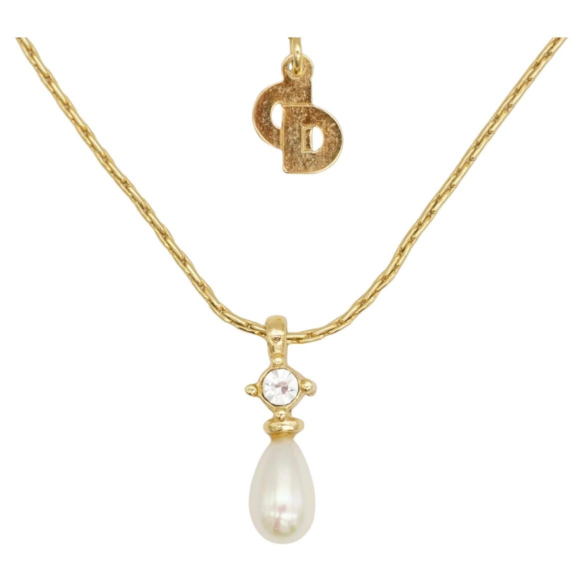Christian Dior Vintage 1980s White Pearl Water Drop Crystal Pendant Necklace