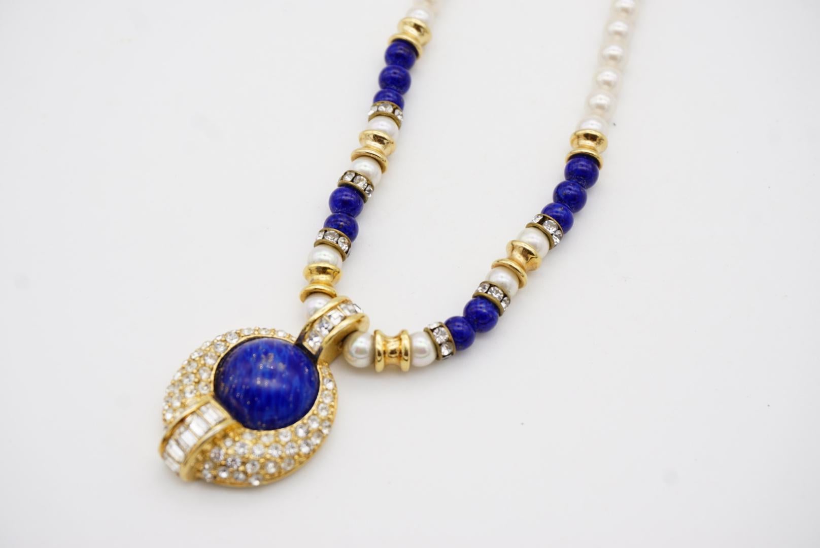 Christian Dior Vintage 1980s White Pearls Lapis Cabochon Crystals Oval Necklace For Sale 5
