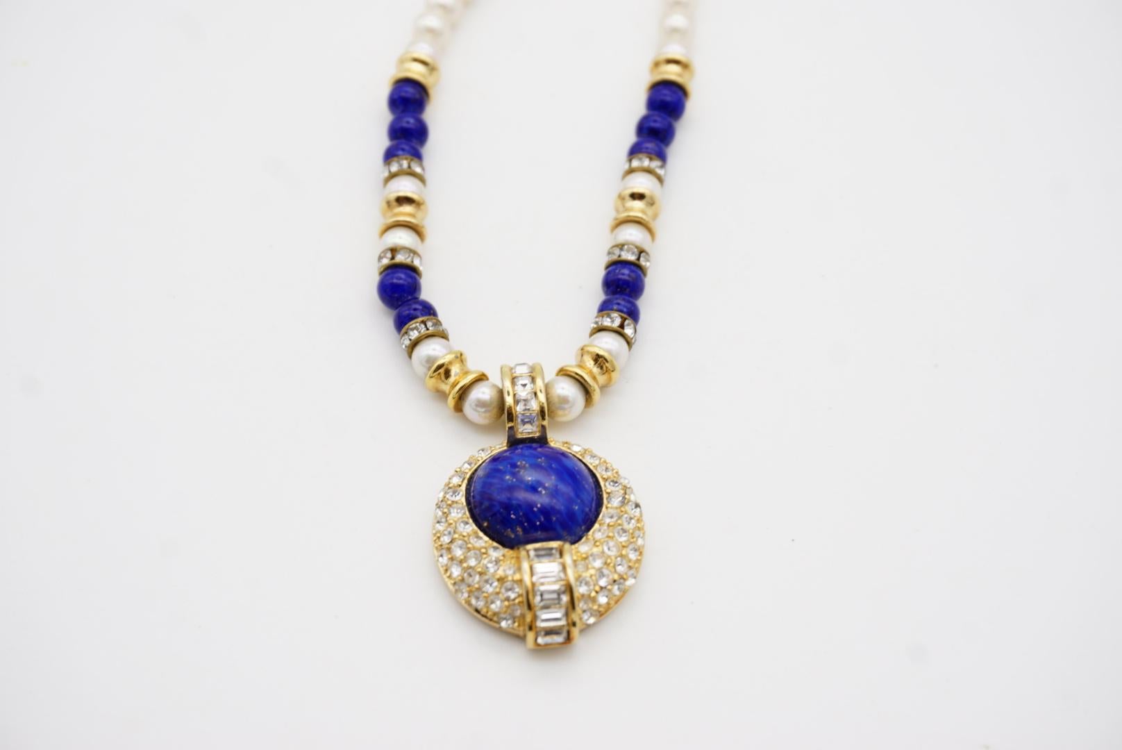 Christian Dior Vintage 1980s White Pearls Lapis Cabochon Crystals Oval Necklace For Sale 6