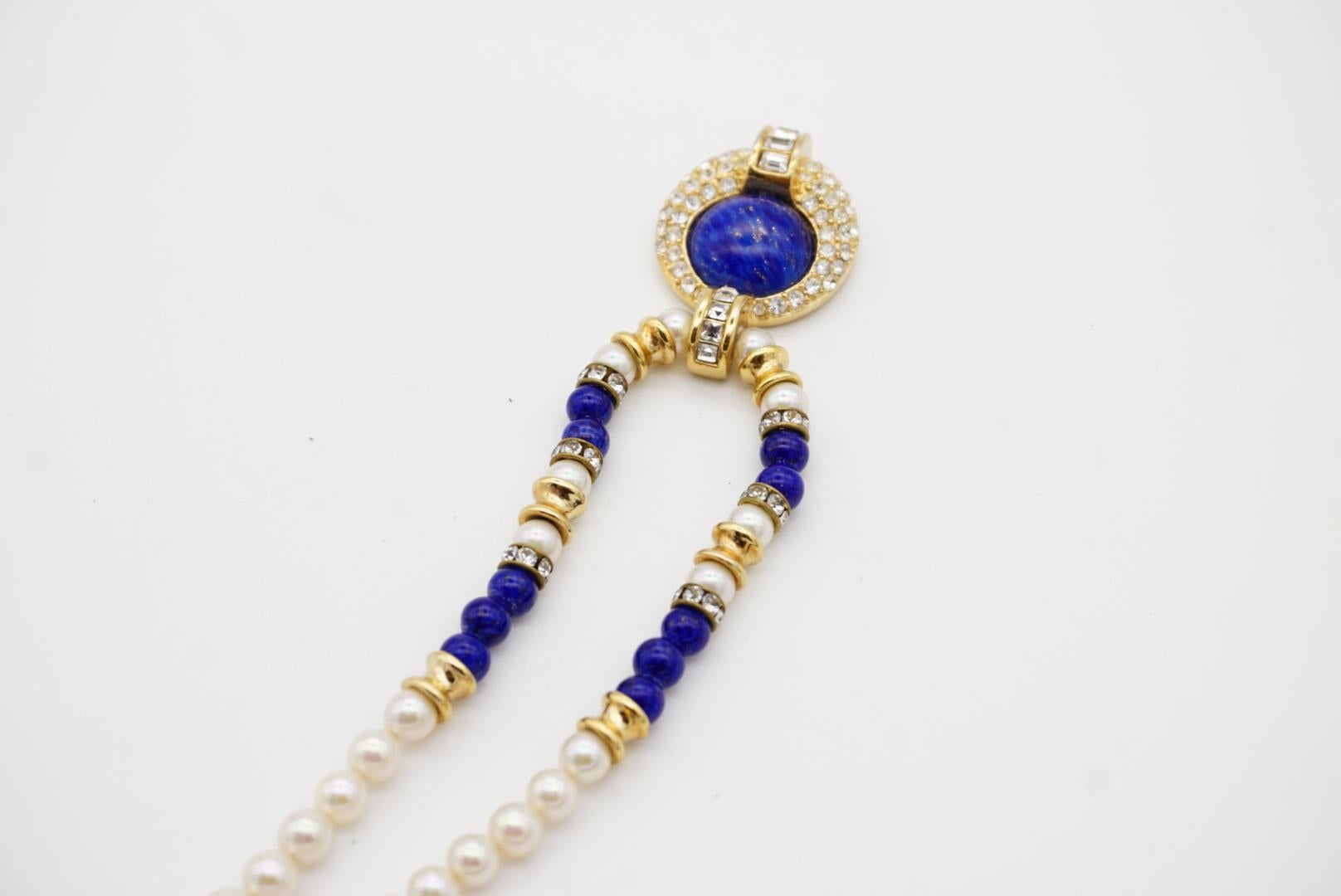 Christian Dior Vintage 1980s White Pearls Lapis Cabochon Crystals Oval Necklace For Sale 7