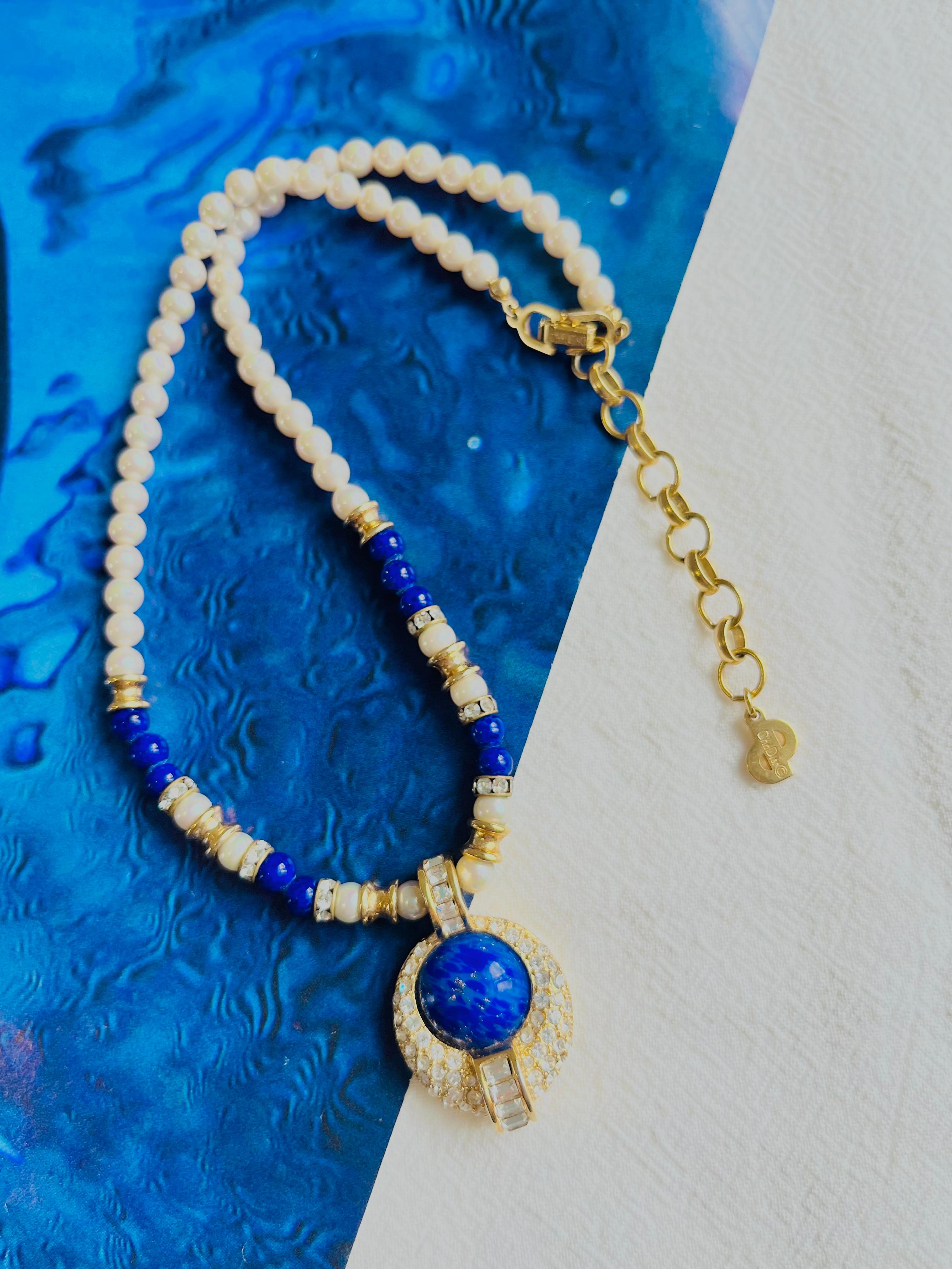 Christian Dior Vintage 1980s White Pearls Lapis Cabochon Crystals Oval Necklace In Excellent Condition For Sale In Wokingham, England