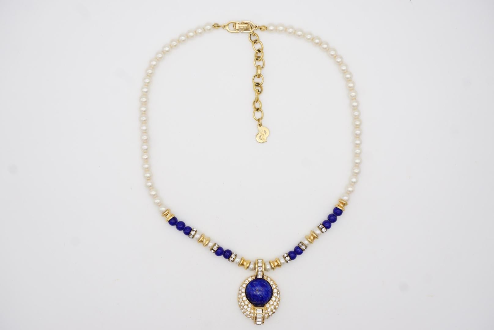 Christian Dior Vintage 1980s White Pearls Lapis Cabochon Crystals Oval Necklace For Sale 4