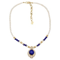 Christian Dior Vintage 1980s White Pearls Lapis Cabochon Crystals Oval Necklace