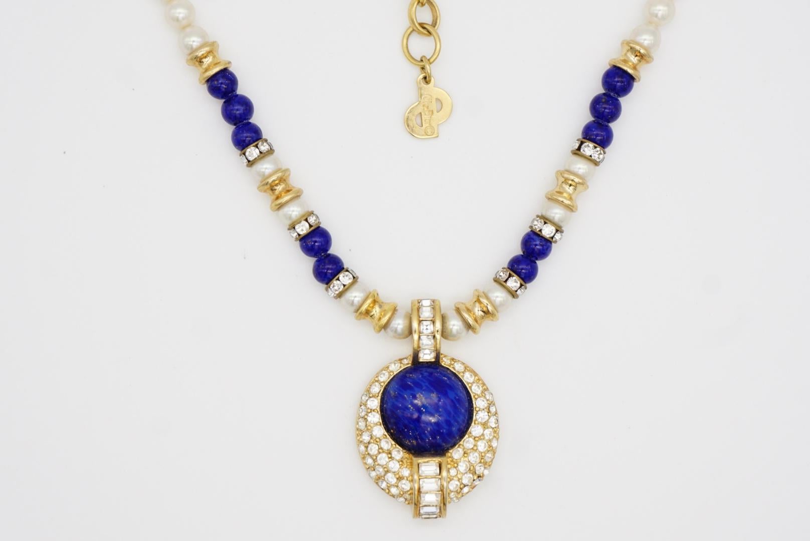 Christian Dior Vintage anni '80 Perle Bianche Lapis Navy Cristalli Cabochon Collana in vendita 5