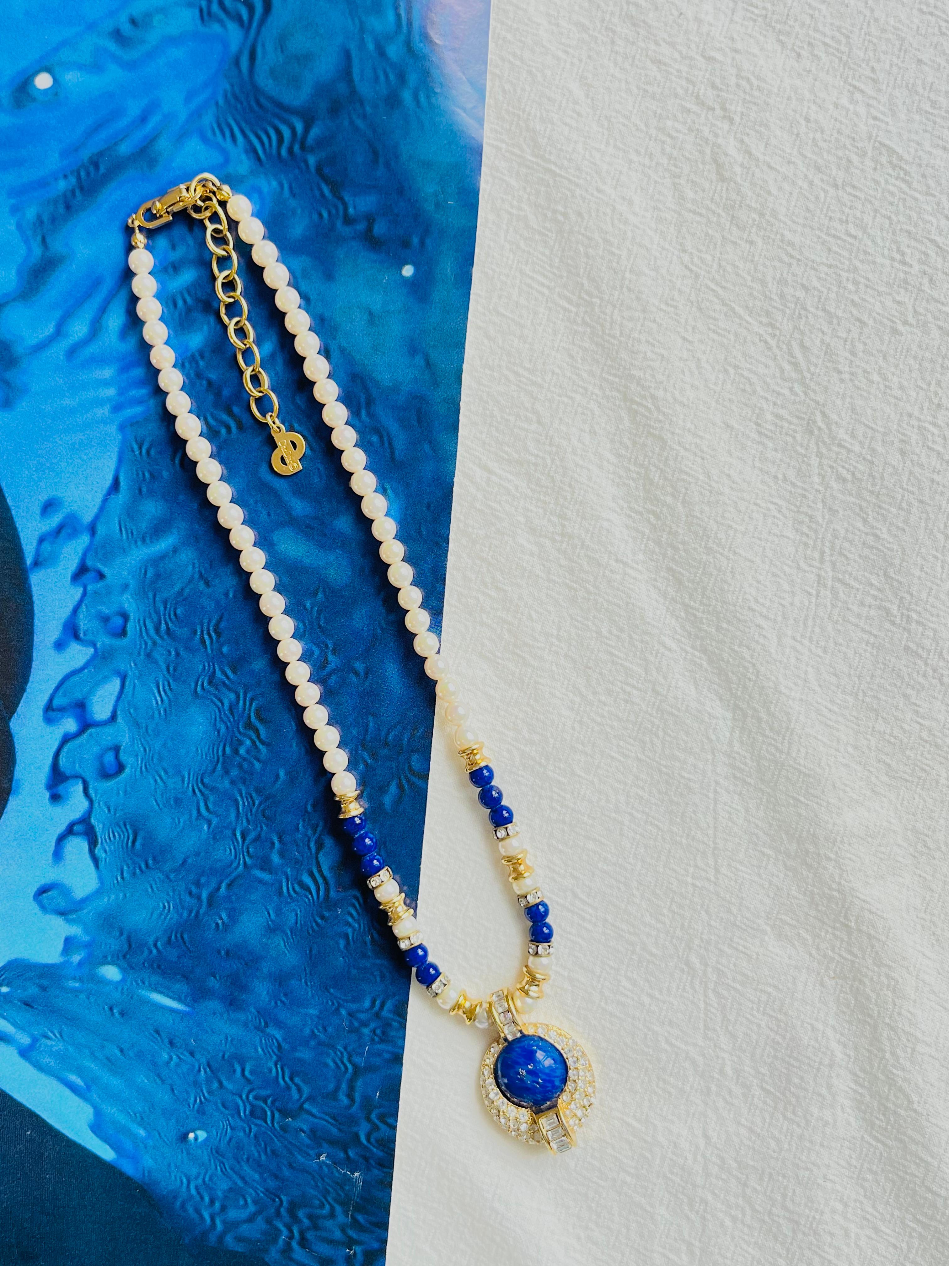 da uomo o donna Christian Dior Vintage anni '80 Perle Bianche Lapis Navy Cristalli Cabochon Collana in vendita