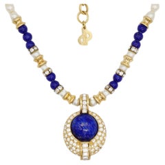 Christian Dior Vintage 1980s White Pearls Lapis Navy Cabochon Crystals Necklace