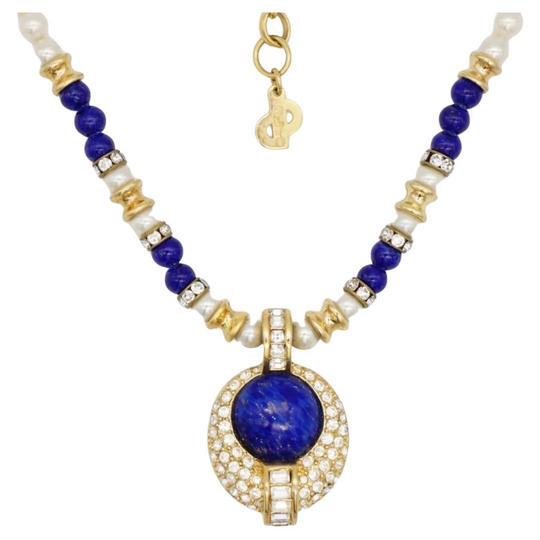 Christian Dior Vintage anni '80 Perle Bianche Lapis Navy Cristalli Cabochon Collana in vendita