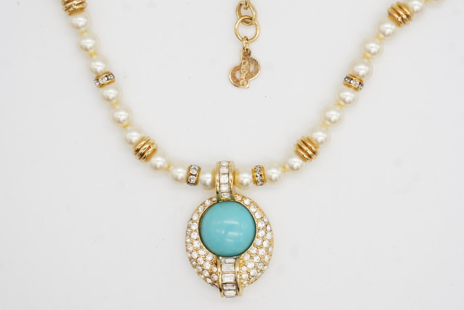 Christian Dior Vintage 1980s White Pearls Turquoise Cabochon Crystals Necklace For Sale 5