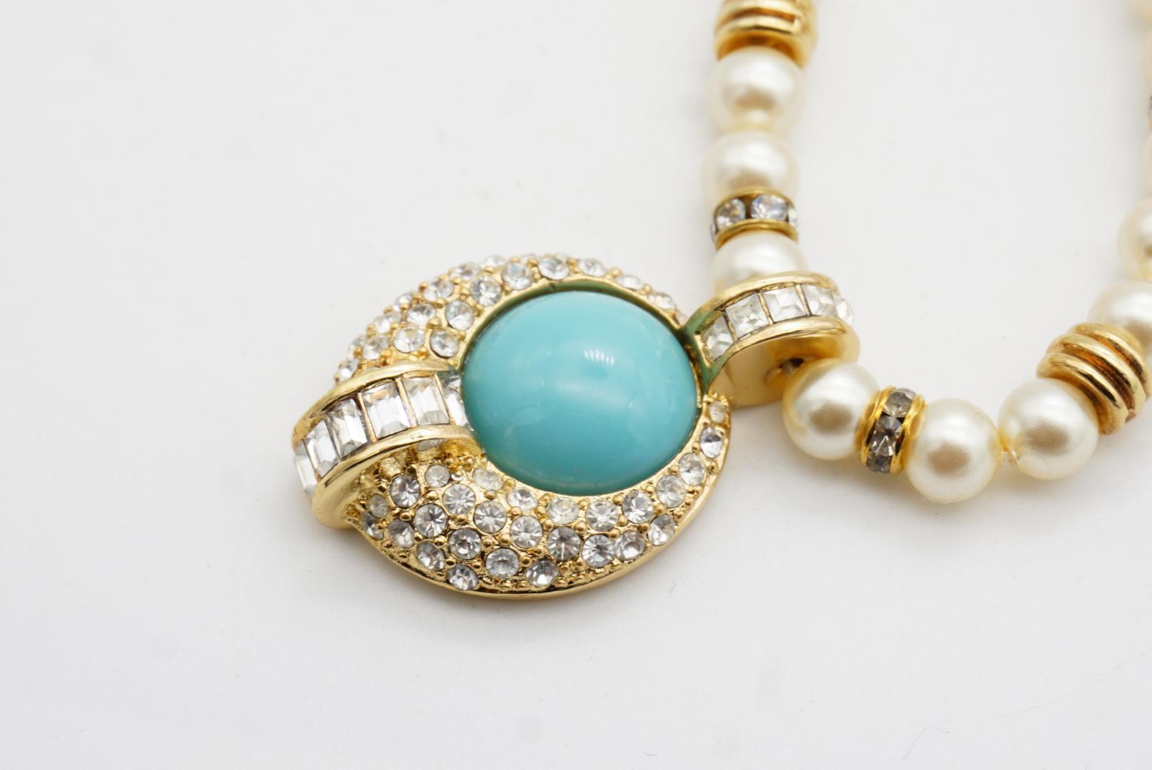 Christian Dior Vintage 1980s White Pearls Turquoise Cabochon Crystals Necklace For Sale 6