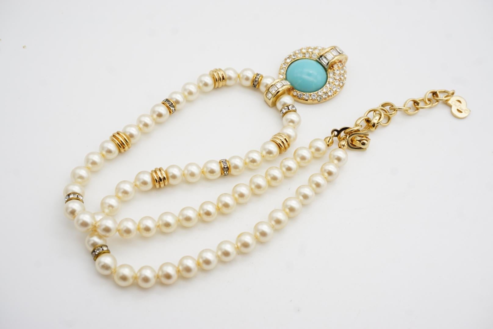 Christian Dior Vintage 1980s White Pearls Turquoise Cabochon Crystals Necklace For Sale 9
