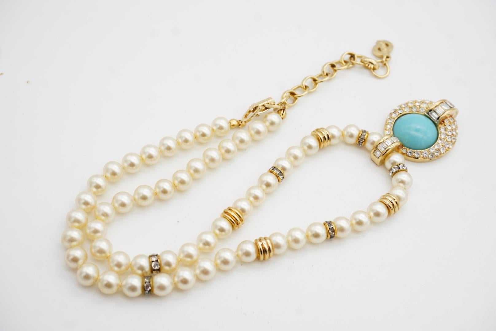 Christian Dior Vintage 1980s White Pearls Turquoise Cabochon Crystals Necklace For Sale 11