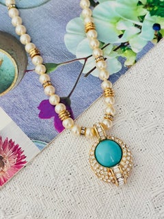 Christian Dior Vintage 1980s White Pearls Turquoise Cabochon Crystals Necklace