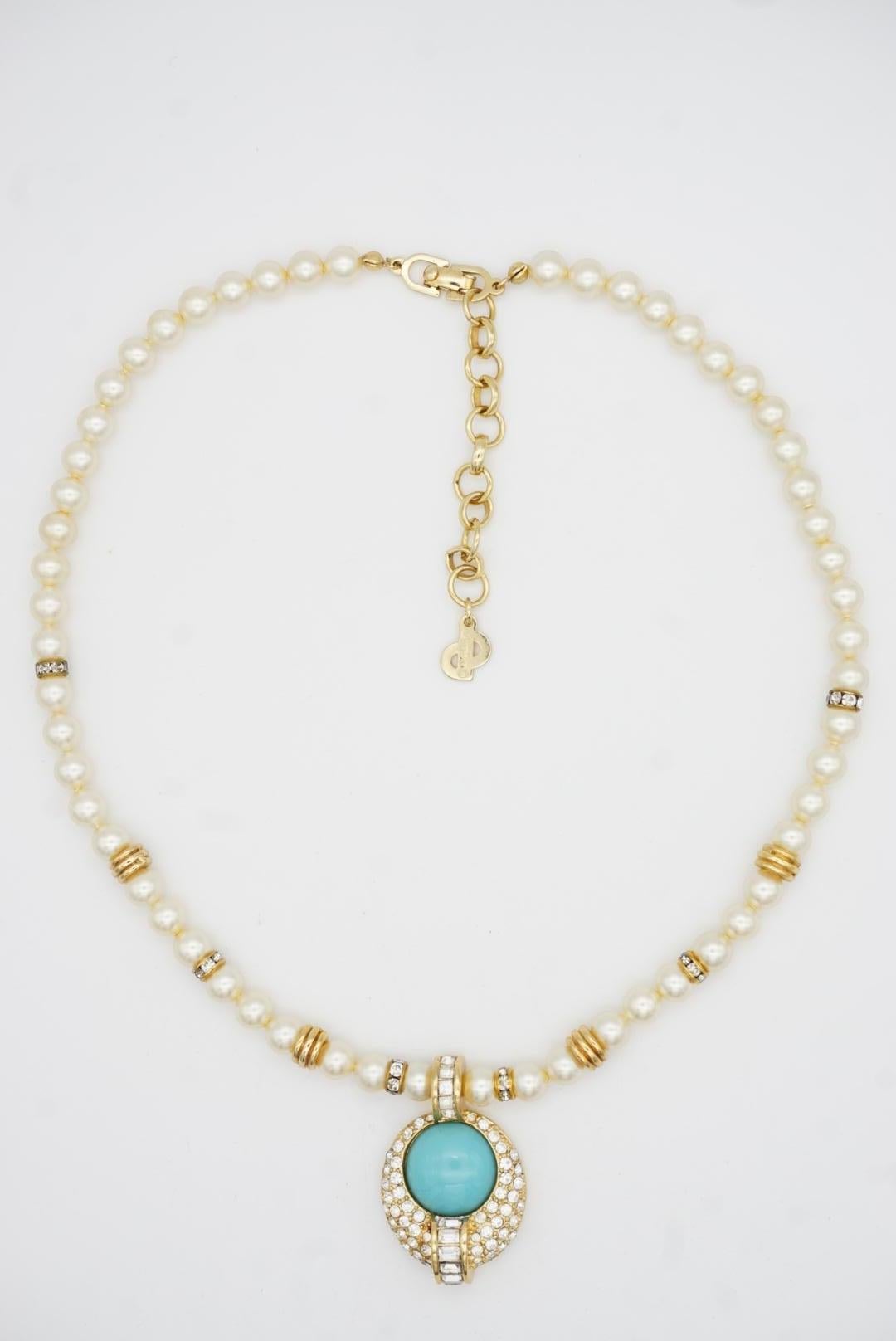 Christian Dior Vintage 1980s White Pearls Turquoise Cabochon Crystals Necklace For Sale 4