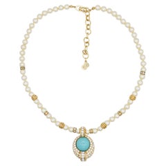 Christian Dior Vintage 1980s White Pearls Turquoise Crystals Cabochon Necklace