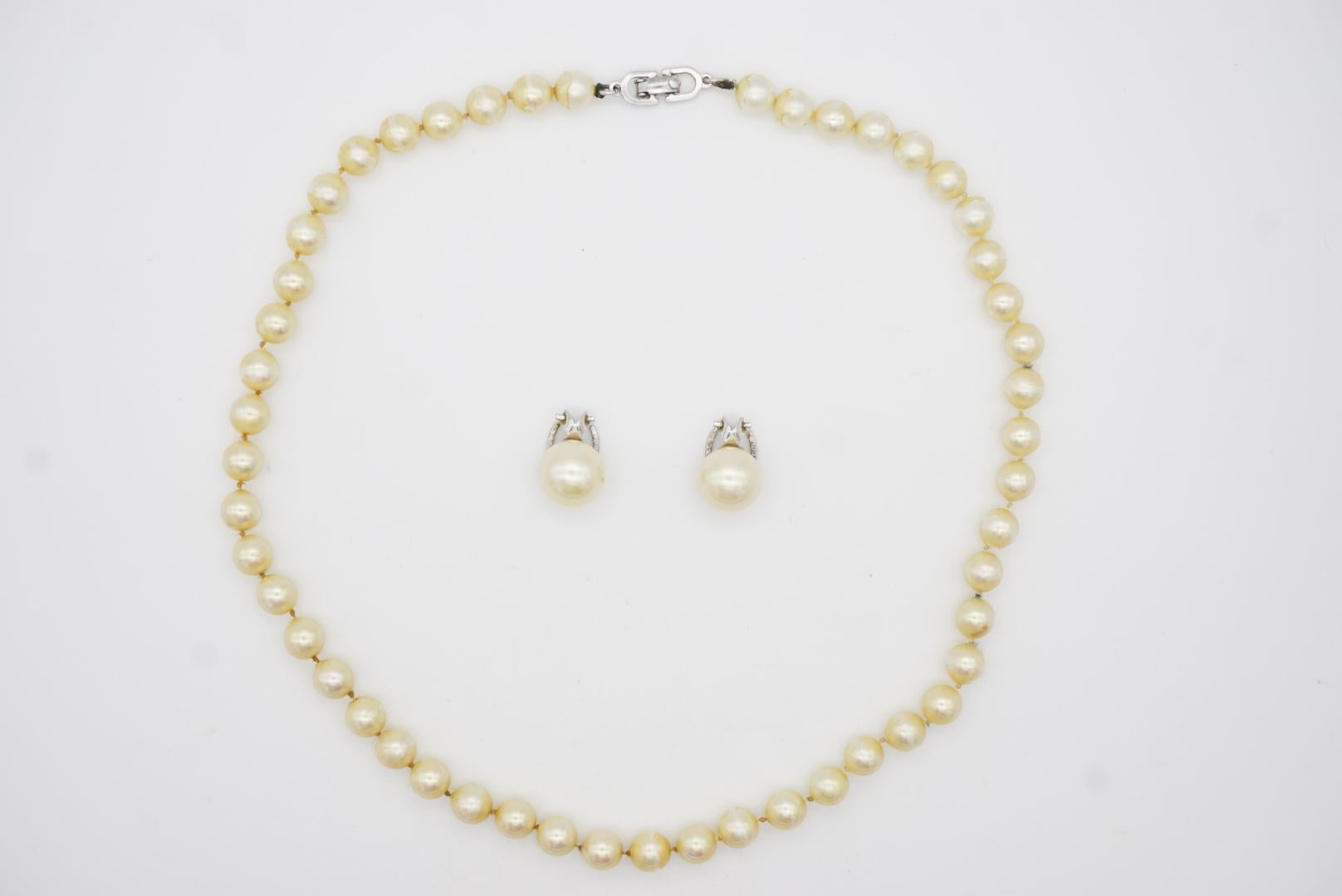 Women's or Men's Christian Dior Vintage 1980s White Round Pearls Set Silver Necklace Earrings For Sale
