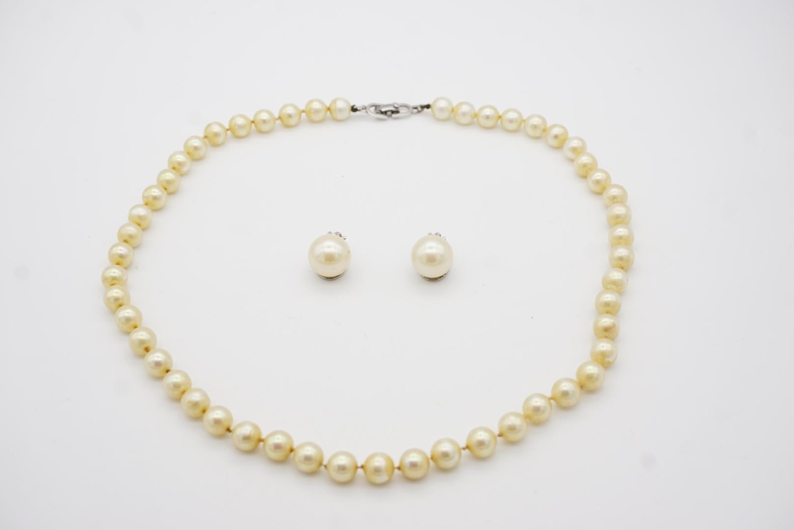 Christian Dior Vintage 1980s White Round Pearls Set Silver Necklace Earrings 1
