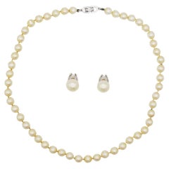 Christian Dior Vintage 1980er Jahre Weiße runde Perlenbesetzte Silber-Halskette Ohrringe