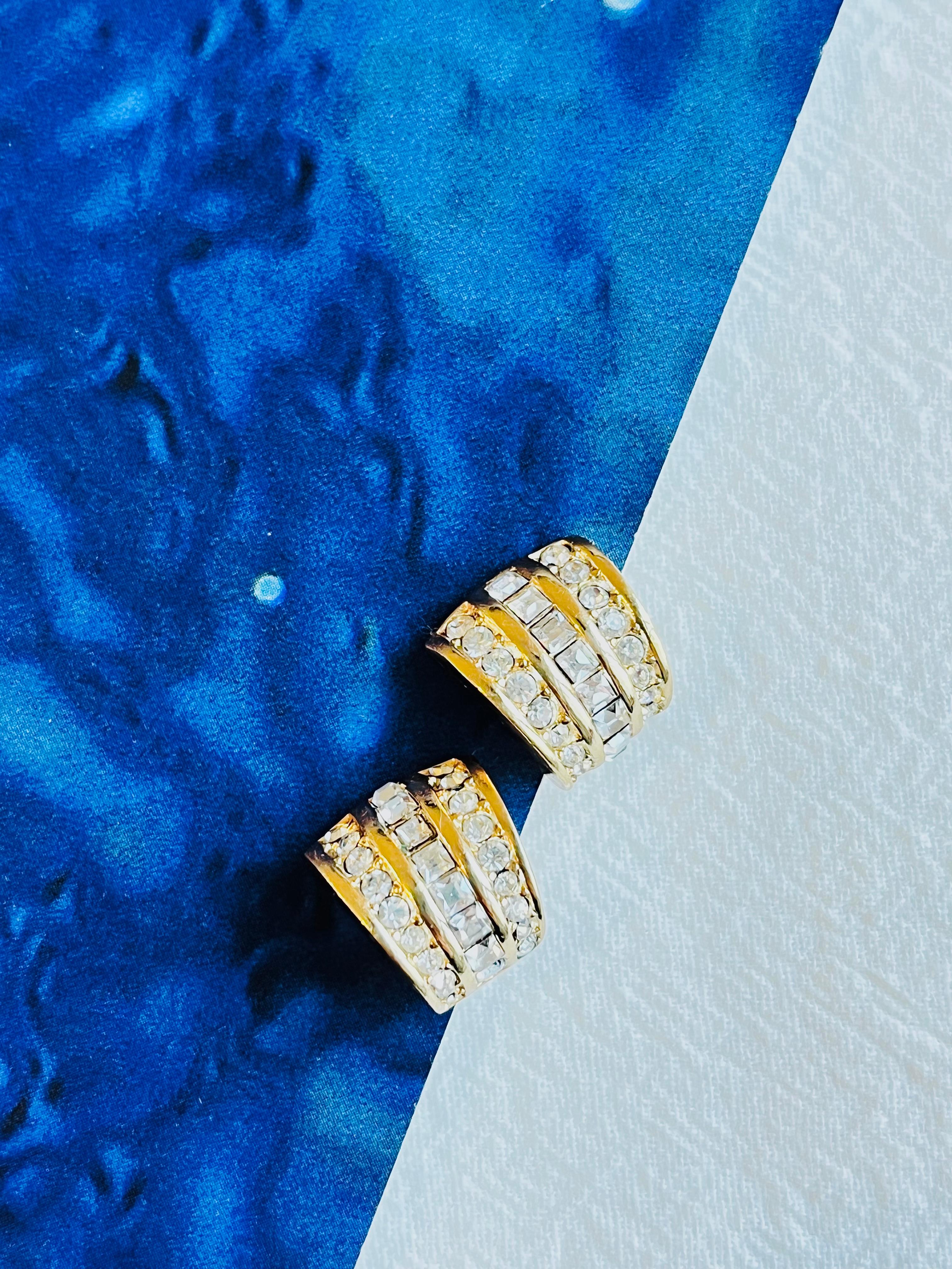 Art Nouveau Christian Dior Vintage 1980s Whole Crystal Shell Huggie Hoop Gold Clip Earrings
