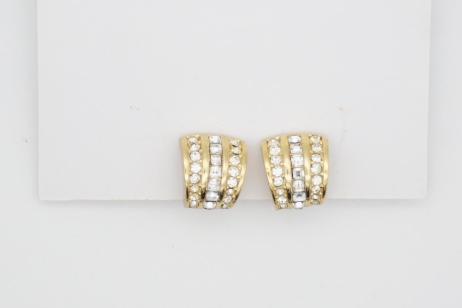 Christian Dior Vintage 1980s Whole Crystal Shell Huggie Hoop Gold Clip Earrings 2
