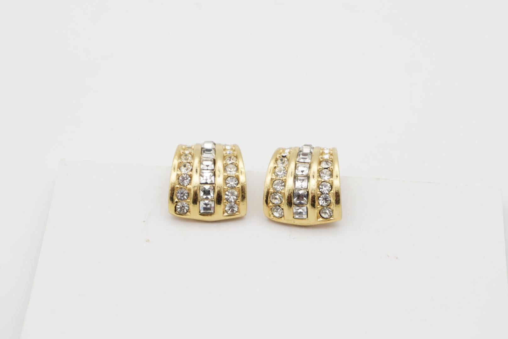 Christian Dior Vintage 1980s Whole Crystal Shell Huggie Hoop Gold Clip Earrings 3