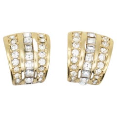 Christian Dior Vintage 1980s Whole Crystal Shell Huggie Hoop Gold Clip Earrings