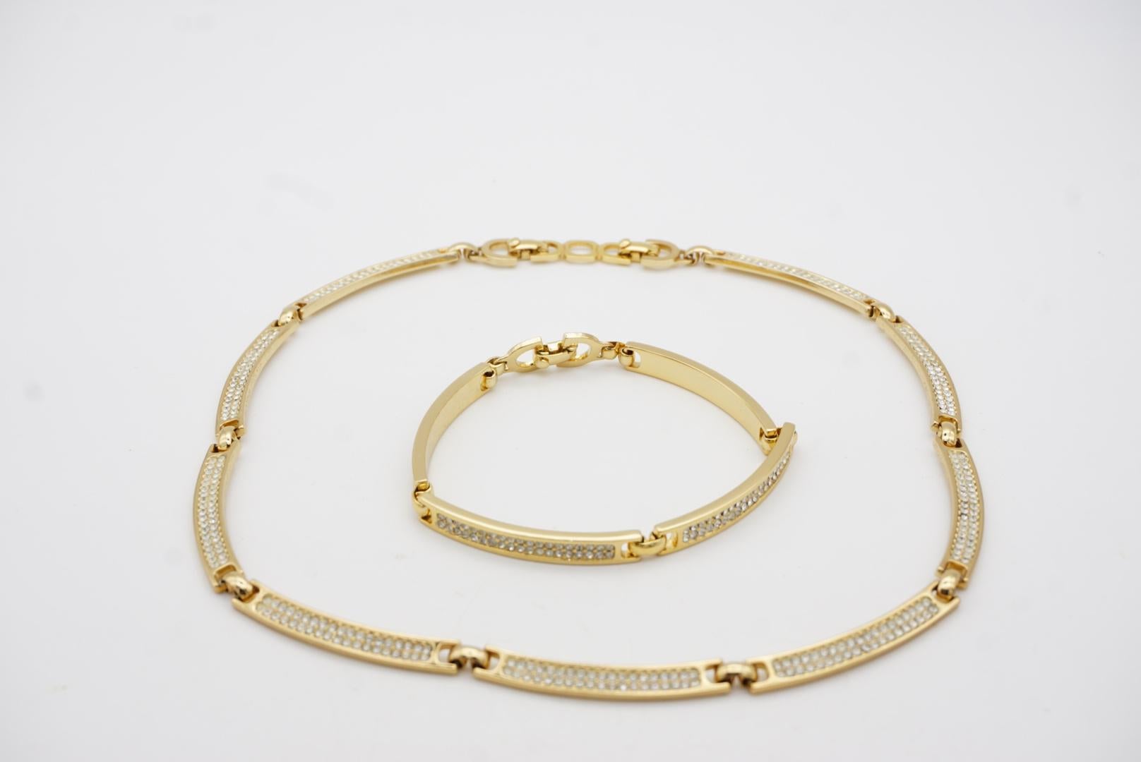 Christian Dior Vintage 1980s Whole Crystals Chain Interlocked Linked Gold 2 Set For Sale 7