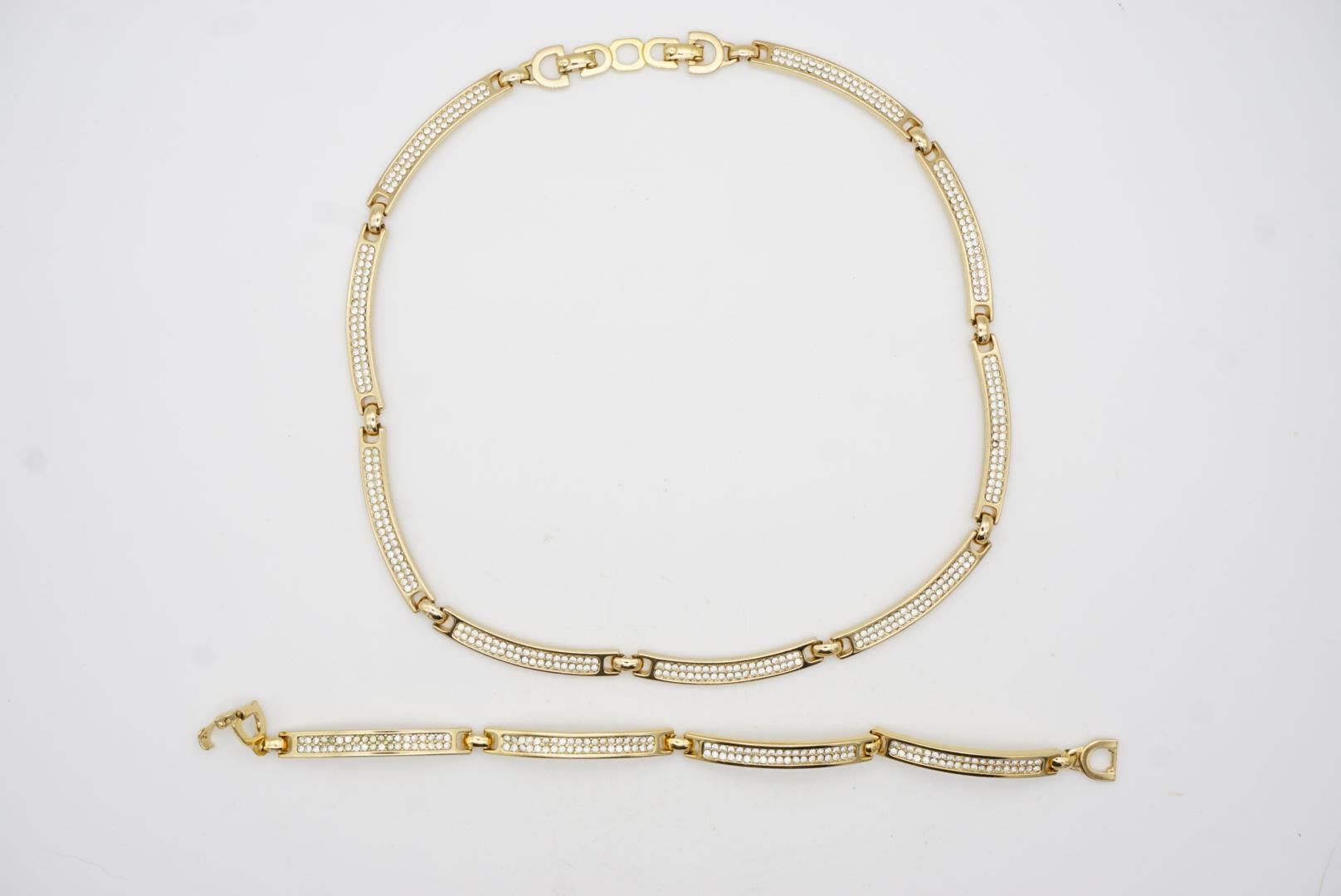 Christian Dior Vintage 1980s Whole Crystals Chain Interlocked Linked Gold 2 Set For Sale 8