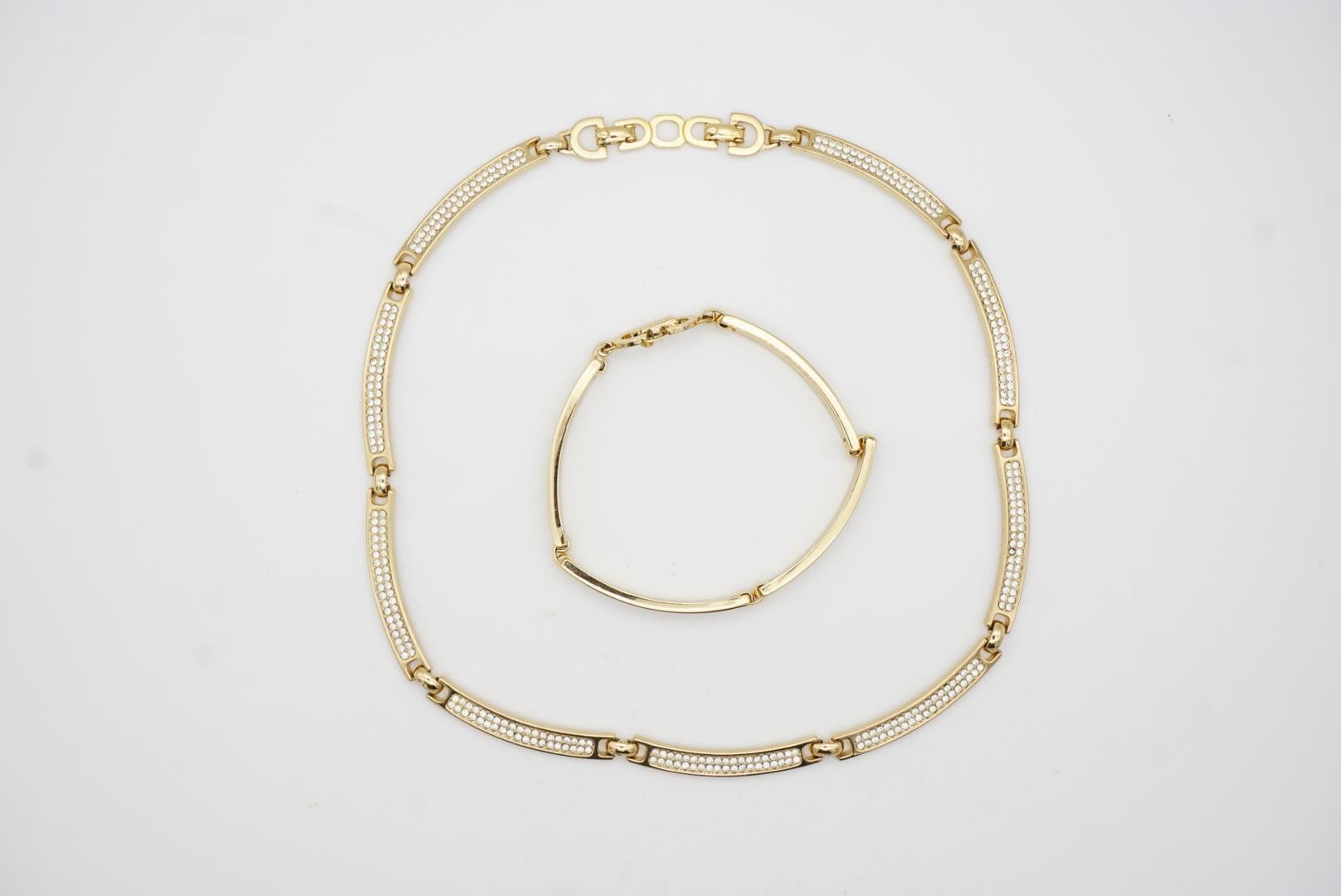 Christian Dior Vintage 1980s Whole Crystals Chain Interlocked Linked Gold 2 Set For Sale 9
