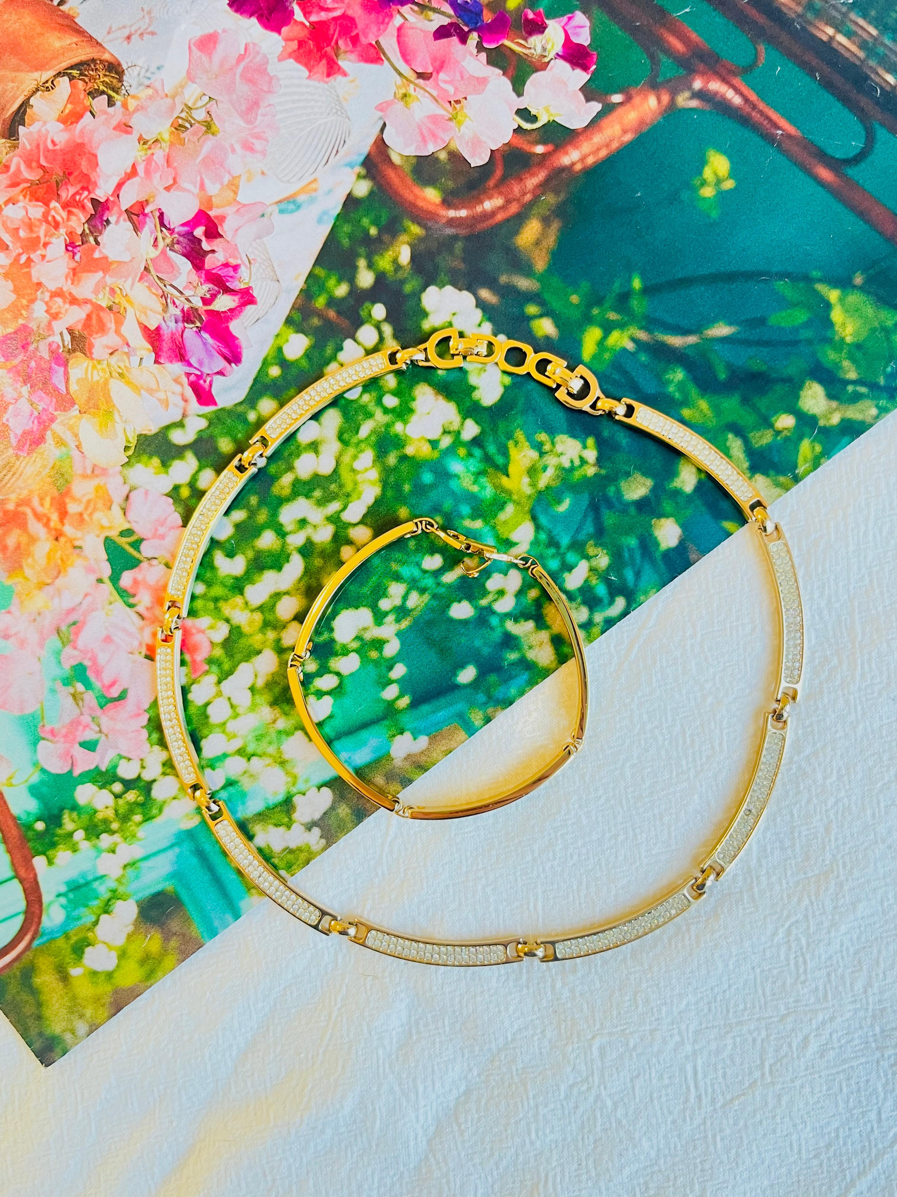 Women's or Men's Christian Dior Vintage 1980s Whole Crystals Chain Interlocked Linked Gold 2 Set For Sale