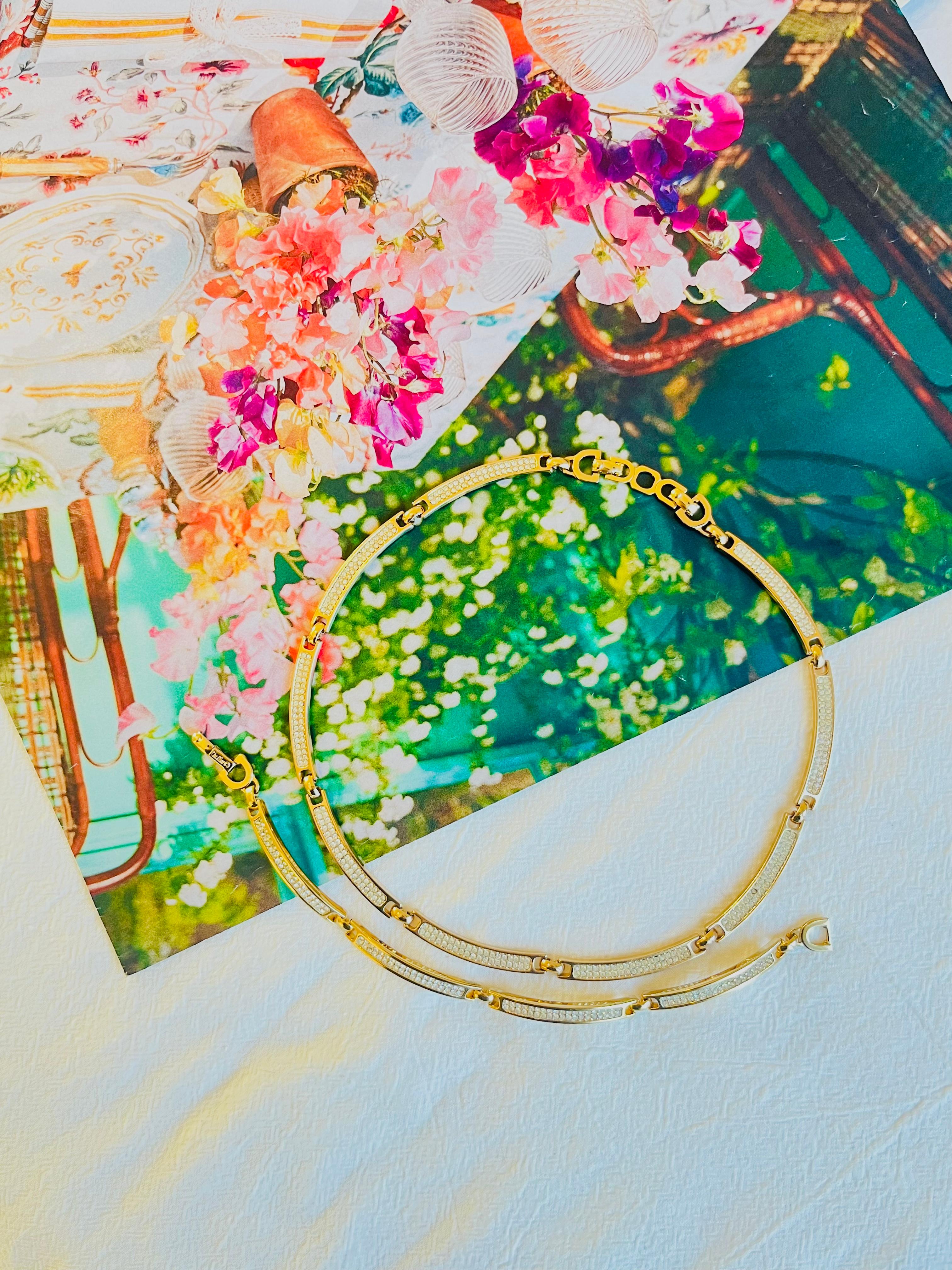 Christian Dior Vintage 1980s Whole Crystals Chain Interlocked Linked Gold 2 Set For Sale 1