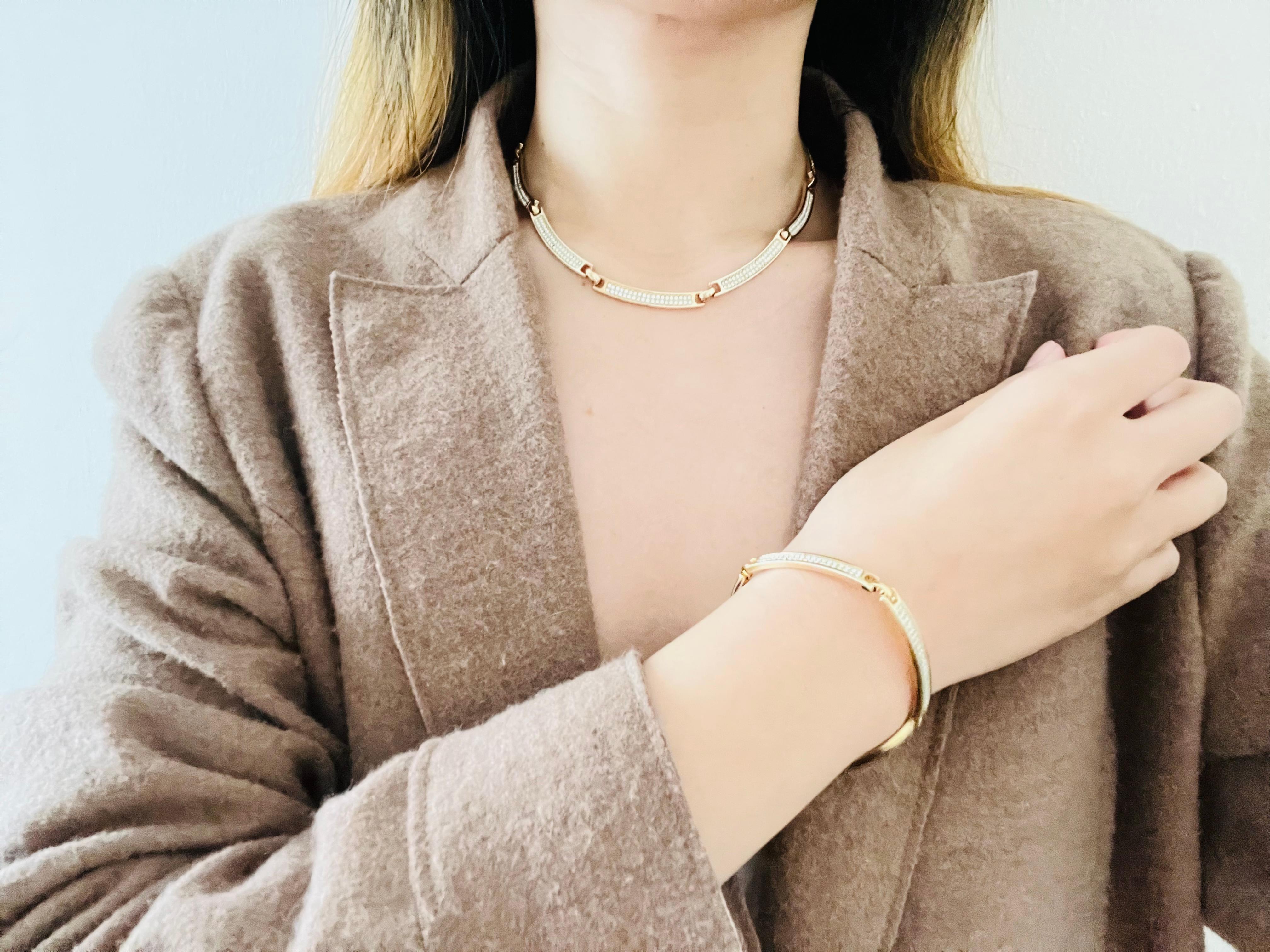 Christian Dior Vintage 1980s Whole Crystals Chain Interlocked Linked Gold 2 Set For Sale 2