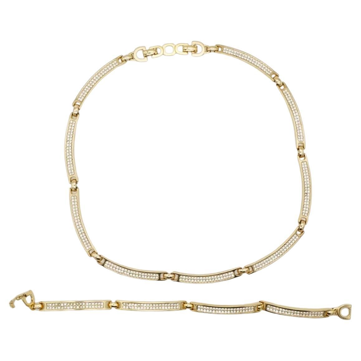 Christian Dior Vintage 1980s Whole Crystals Chain Interlocked Linked Gold 2 Set