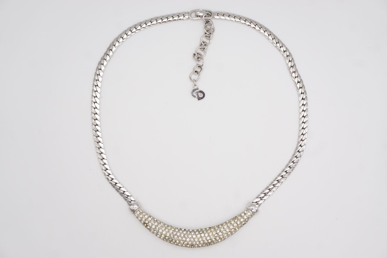 Christian Dior Vintage 1980s Crystals Whole Crescent Pendant Silver Necklace in vendita 9