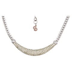 Christian Dior Vintage 1980s Whole Crystals Crescent Pendant Silver Necklace