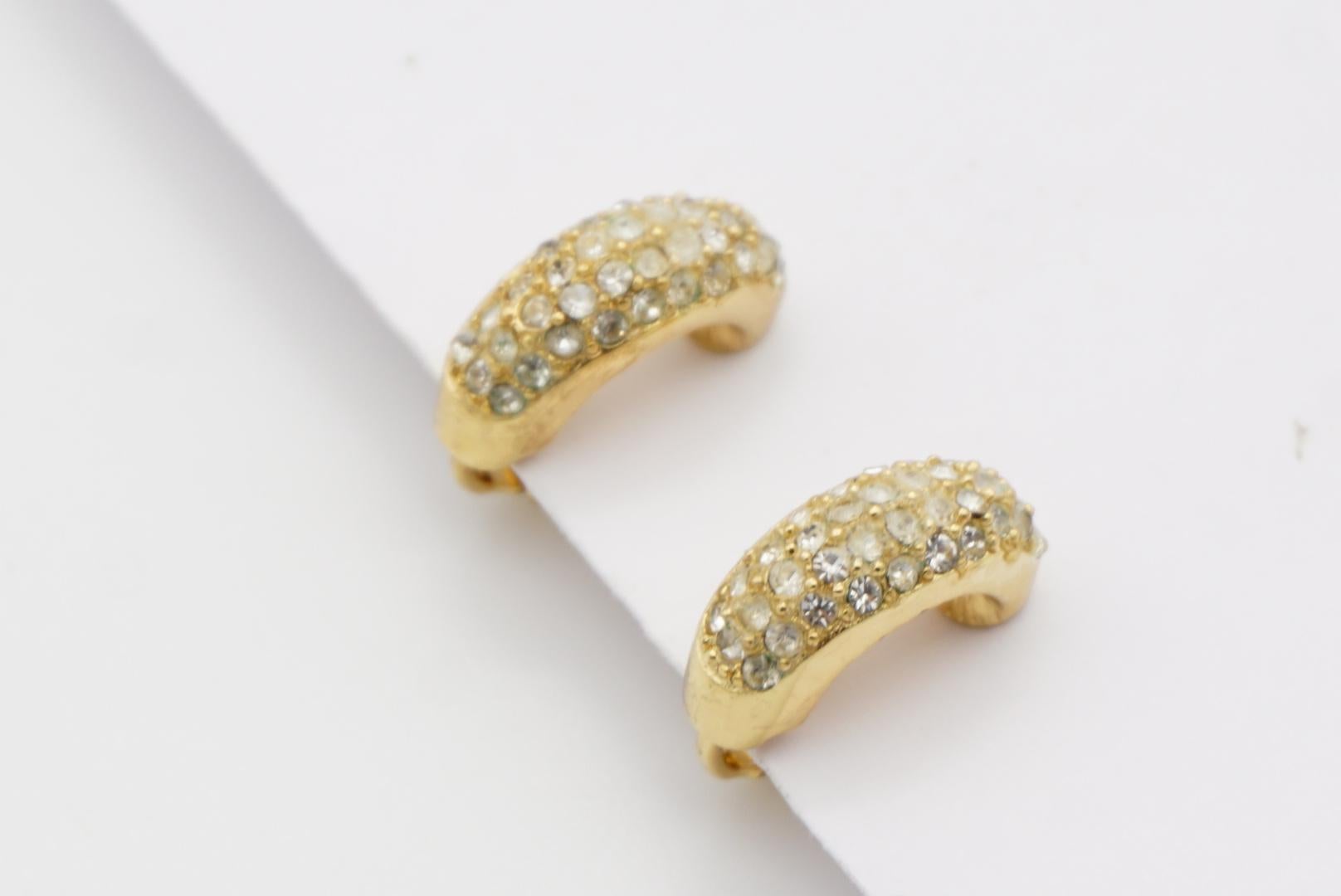 Christian Dior Vintage 1980s Whole Crystals Half Hoop Huggie Clip Gold Earrings 5