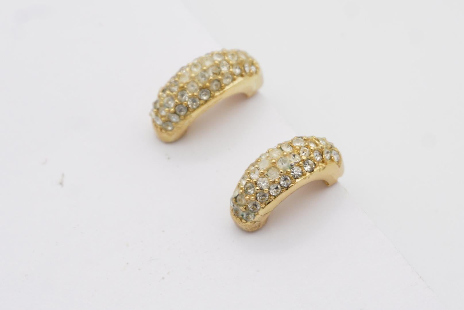 Christian Dior Vintage 1980s Whole Crystals Half Hoop Huggie Clip Gold Earrings 6