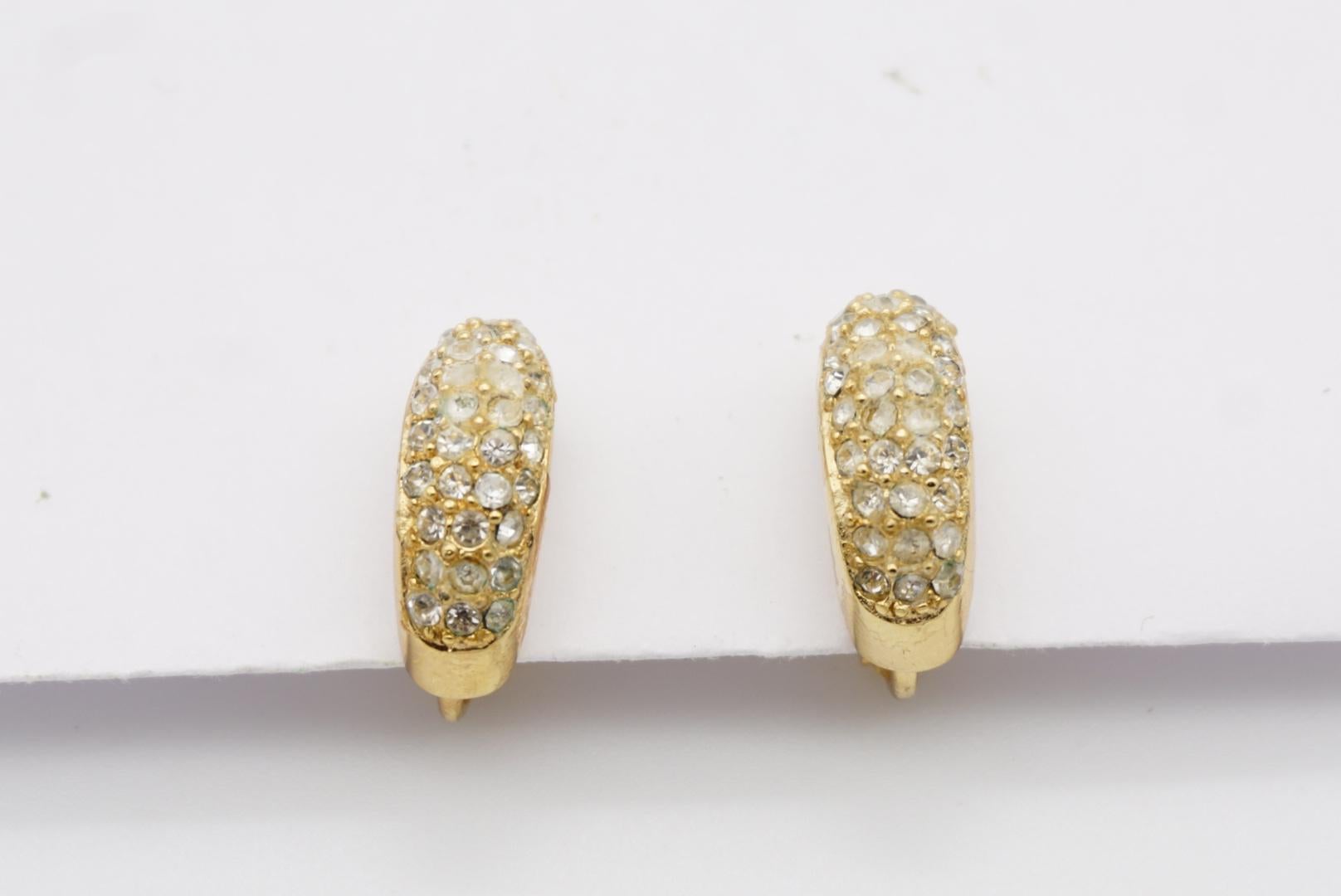 Christian Dior Vintage 1980s Whole Crystals Half Hoop Huggie Clip Gold Earrings 7
