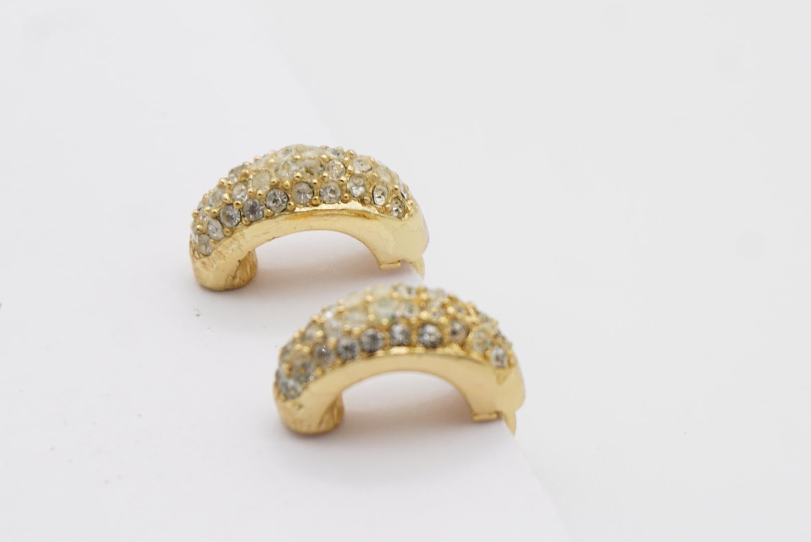 Christian Dior Vintage 1980s Whole Crystals Half Hoop Huggie Clip Gold Earrings 8